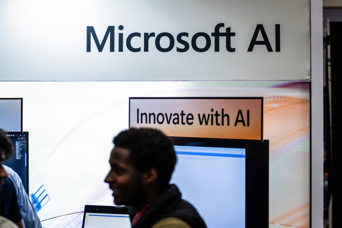 A Microsoft AI booth is shown during the AI+Expo Special Competitive Studies Project in Washington on June 2, 2025. (Madalina Kilroy/The Epoch Times)