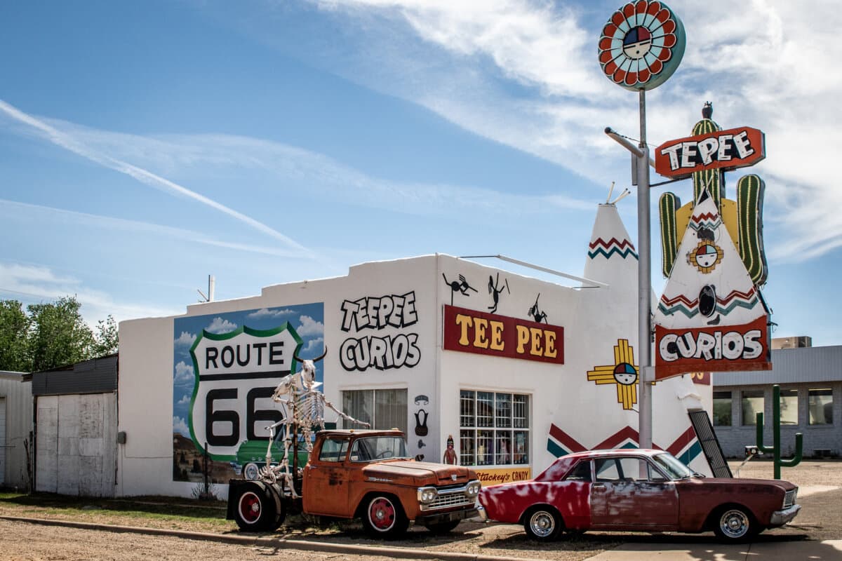 Landscapes and iconic architecture of Road 66 featuring historic motels gas stations vintage signs abandoned buildings and cars along the roadside reflecting the golden age of the American road trip and the gradual decline of small towns crossed by the former main route in Tucumcari New Mexico United States on April 28, 2019. (Grichka Beysson-Leandri/Hans Lucas/AFP/Getty Images/TNS)