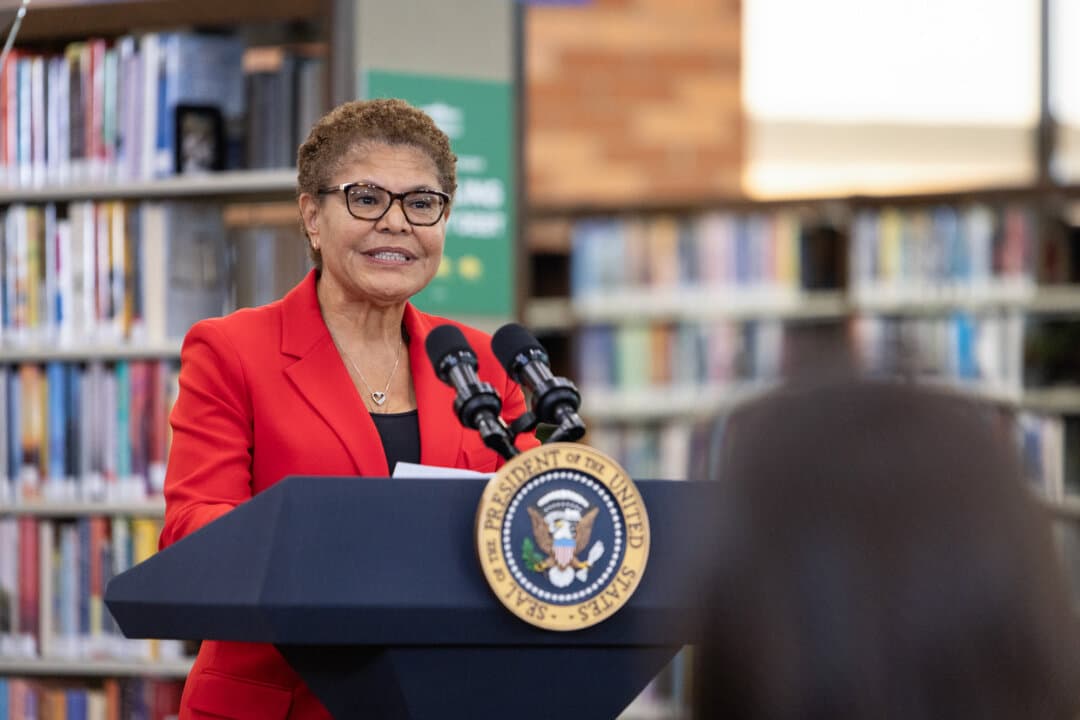 Los Angeles Mayor Karen Bass speaks at an event promoting President Joe Biden's student loan forgiveness program, in Culver City, Calif., on Feb. 21, 2024. Bass is runnning for a second term as mayor of the nation's second-largest city, with independent candidate Spencer Pratt and Democrat Nithya Raman also on the ballot. (John Fredricks/The Epoch Times)
