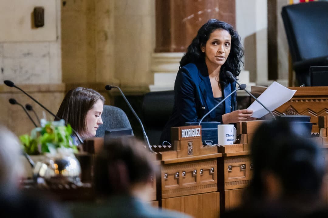 Los Angeles City Councilwoman Nithya Raman speaks in Los Angeles on Aug. 7, 2024. Raman, a Democrat, is campaigning against incumbent Karen Bass and independent Spencer Pratt in the city's mayoral race. (John Fredricks/The Epoch Times)