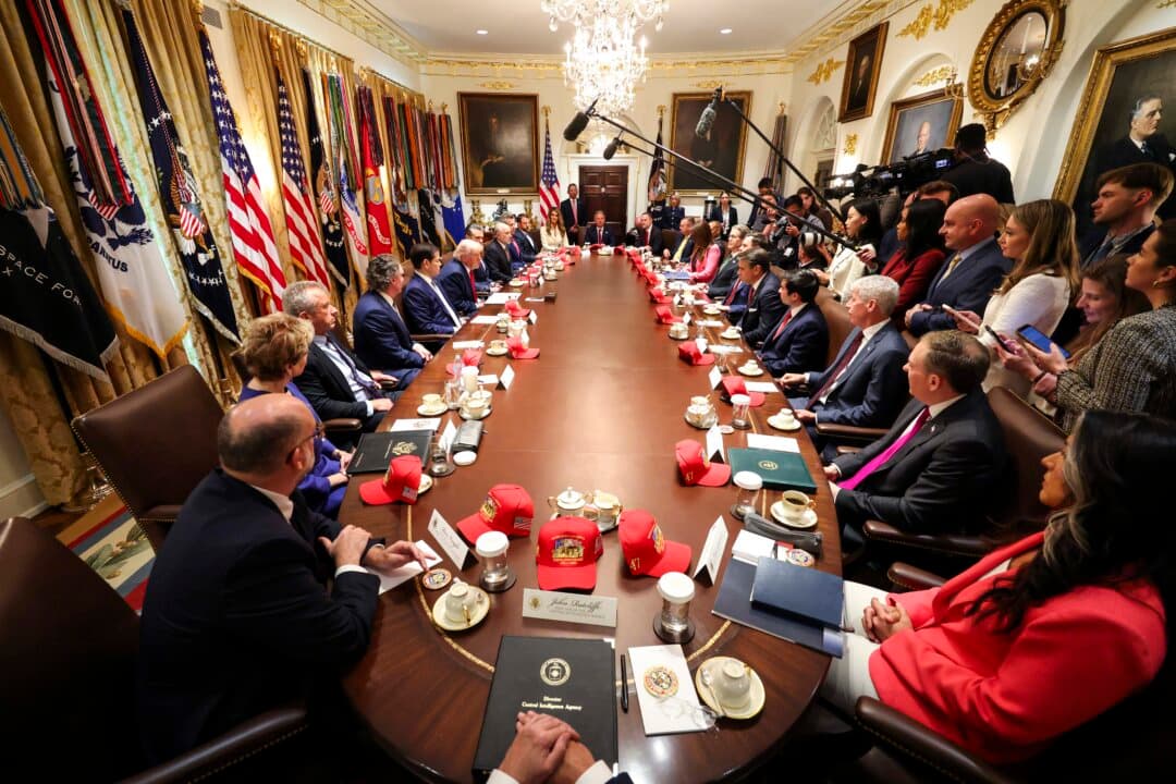 President Donald Trump speaks during a Cabinet meeting in the Cabinet Room of the White House in Washington on May 27, 2026. Trump met with his Cabinet days after saying a peace deal with Iran was “largely negotiated” amid expectations around the reopening of the Strait of Hormuz. (Win McNamee/Getty Images)