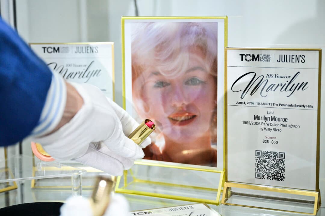 A 1950s Elizabeth Arden lipstick worn by Marilyn Monroe is displayed in Gardena, Calif., on May 27, 2026, ahead of the June 4 “100 Years of Marilyn” auction marking what would have been the Hollywood icon’s 100th birthday. (Frederic J. Brown/AFP via Getty Images)