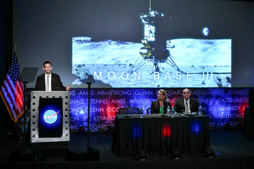 NASA Administrator Jared Isaacman speaks during a news conference at NASA headquarters in Washington on May 26, 2026, to outline plans for NASA’s “Moon Base” and progress toward a sustained human presence on the Moon. (Mandel Ngan/AFP via Getty Images)
