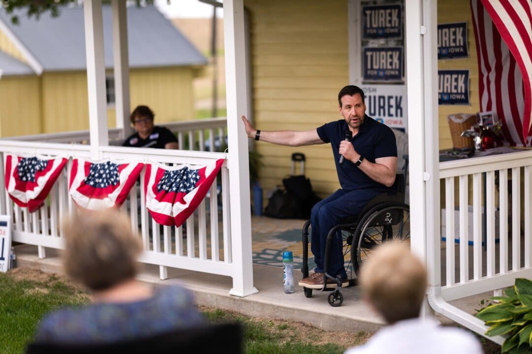 Democratic Senate Candidate Josh Turek speaks to guests during a campaign event at the Noethe family farm in Westside, Iowa, on May 29, 2026. Turek is seeking the Democratic nomination to vie for the Senate seat being vacated by Joni Ernst. Iowa will hold its primary election on June 2. (Scott Olson/Getty Images)