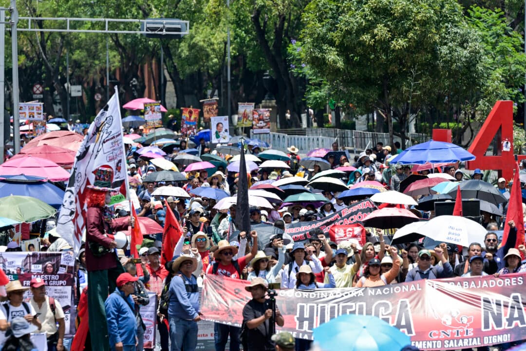 Teachers take part in a protest ahead of the FIFA World Cup 2026 in Mexico City on June 1, 2026. (Alfredo Estrella/AFP via Getty Images)