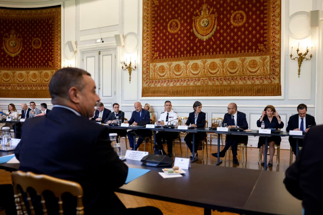 France’s Interior Minister Laurent Nunez (3rd R) and Director of Director of the General Directorate for Internal Security Celine Berthon (4th R) attend a meeting with Algeria’s Interior and Transport Minister Said Sayoud (L) at the French Interior Ministry in Paris on June 1, 2026. France’s Interior minister hosts his Algerian counterpart for a working visit, which could mark a new stage in the thawing of relations between Algeria and France. (Kenzo Tribouillard/POOL/AFP via Getty Images)