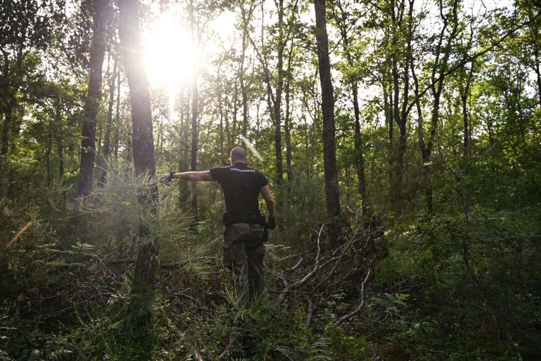 A French gendarme takes part in a search operation for Lyhanna Bernard, an 11-year-old schoolgirl missing since May 29, in Fleurance, France, on June 1, 2026. (Matthieu Rondel/AFP via Getty Images)