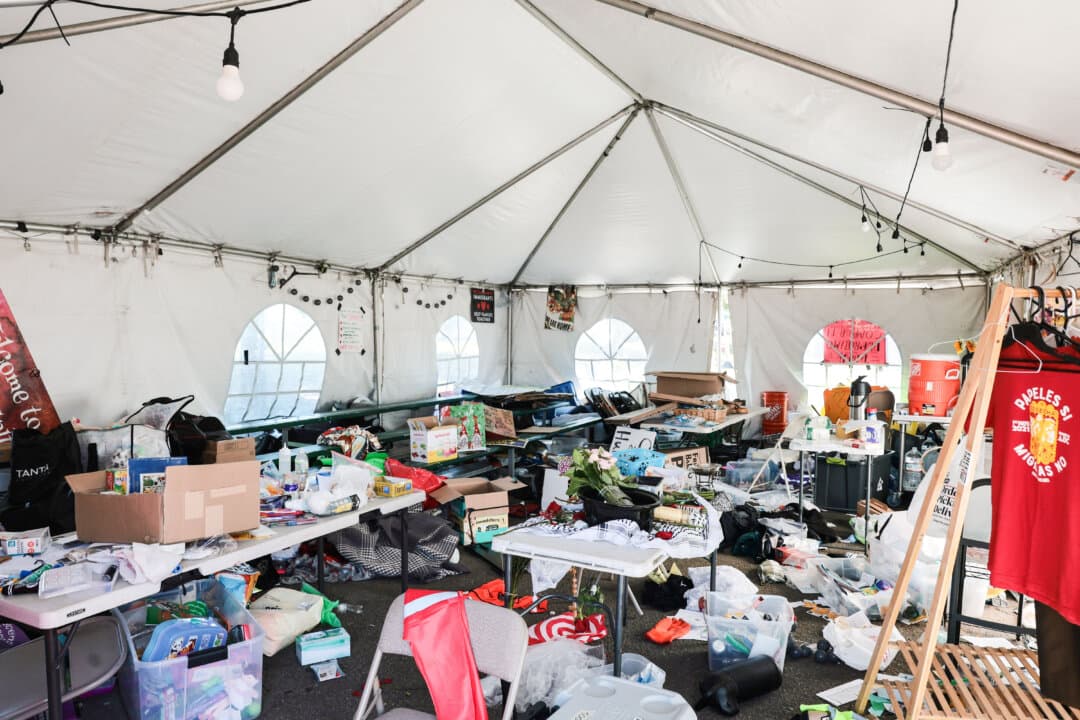 The Eyes on ICE NJ coalition mutual aid tent is seen after it was raided by FBI and Homeland Security Investigations agents near the Delaney Hall Detention Facility in Newark, N.J., on June 1, 2026. Several protesters were arrested overnight after defying a curfew imposed at the immigration detention center, which has been the site of frequent confrontations between demonstrators, federal agents, and New Jersey State Police. (Michael M. Santiago/Getty Images)