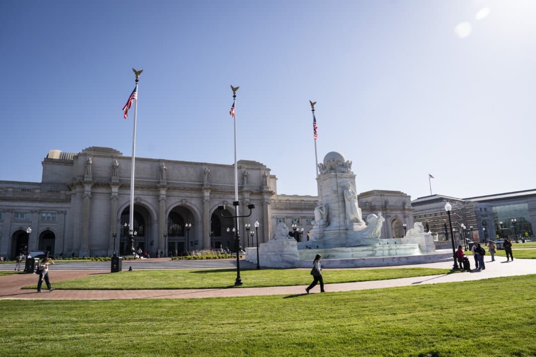 The newly renovated Columbus Fountain at Union Station, part of President Donald Trump’s “Make the District of Columbia Safe and Beautiful” initiative ahead of America’s 250th anniversary, in Washington on June 2, 2026. (Madalina Kilroy/The Epoch Times)