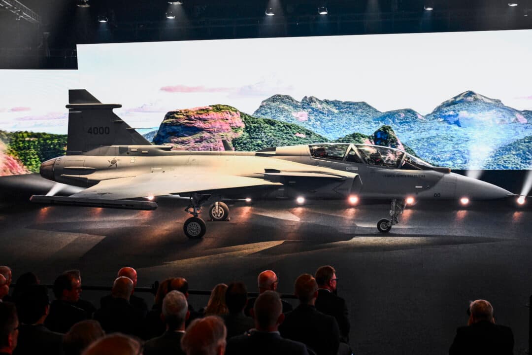 The first two-seater JAS Gripen F fighter jet that was delivered to Brazil is on display during a press conference at Linkoping-Saab Airport on June 2, 2026. (Jonas Ekstromer/various sources/AFP via Getty Images)