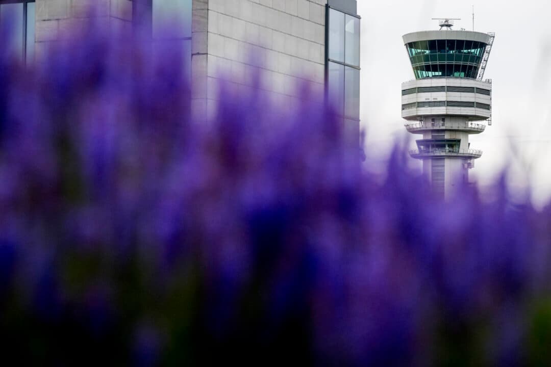 The air traffic control tower of Skeyes, where personnel on strike brought a halt to all air traffic in Steenokkerzeel, Belgium, on June 2, 2026. (Jasper Jacobs/BELGA MAG/Belga/AFP via Getty Images)