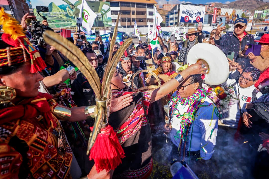 Peru’s presidential candidate for the Juntos por el Peru party, Roberto Sanchez, takes part in an indigenous ritual upon his arrival at the airport in Cusco, Peru, on June 2, 2026. (Jose Angulo/AFP via Getty Images)