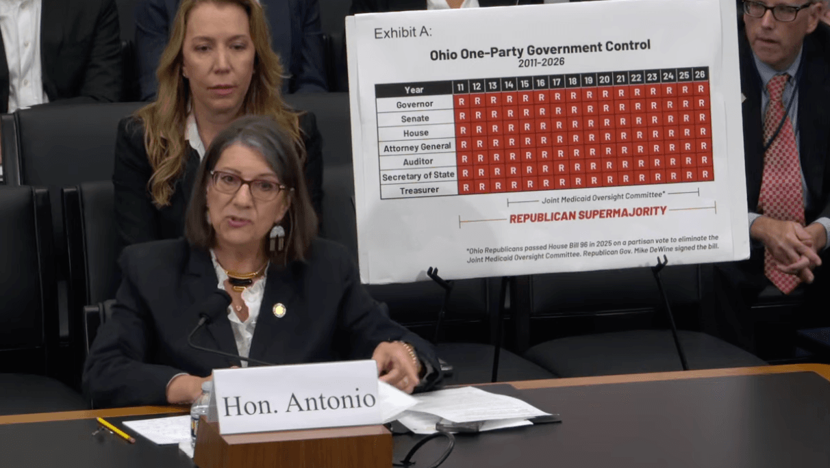 Ohio state Sen. Nickie Antonio, a Democrat from the Cleveland area, testifies during a congressional hearing on Ohio's Medicaid fraud, in Washington on June 3, 2026. (House of Representatives/Screenshot via The Epoch Times)