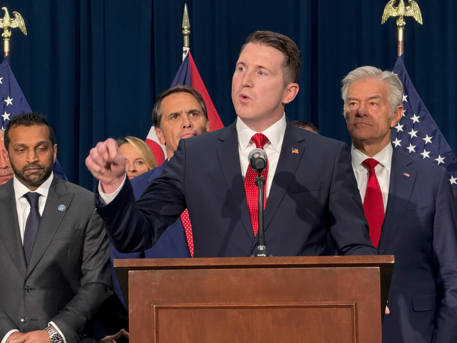 Colin McDonald, U.S. assistant attorney general for the National Fraud Enforcement Division of the Justice Department, speaks about his agency's efforts to crack down on government program fraud in Columbus, Ohio, on June 4, 2026. (Janice Hisle/The Epoch Times)