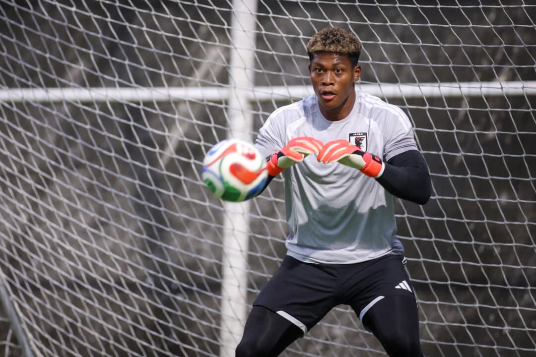 Japan's goalkeeper Zion Suzuki (No. 1) takes part in a training session at the Rayados Training Centre in Santiago, near Monterrey, Mexico, on June 19, 2026. Suzuki was born in Newark, New Jersey, to a Ghanaian father and Japanese mother. (Julio Cesar Aguilar / AFP via Getty Images)