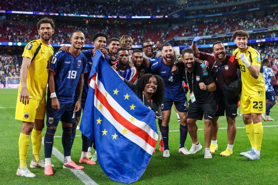 Cape Verde players celebrate after the 0–0 draw during the FIFA World Cup match against Saudi Arabia at Houston Stadium in Houston on June 26, 2026. Fourteen of the Cape Verde players were born in other countries. (Michael Steele/Getty Images)