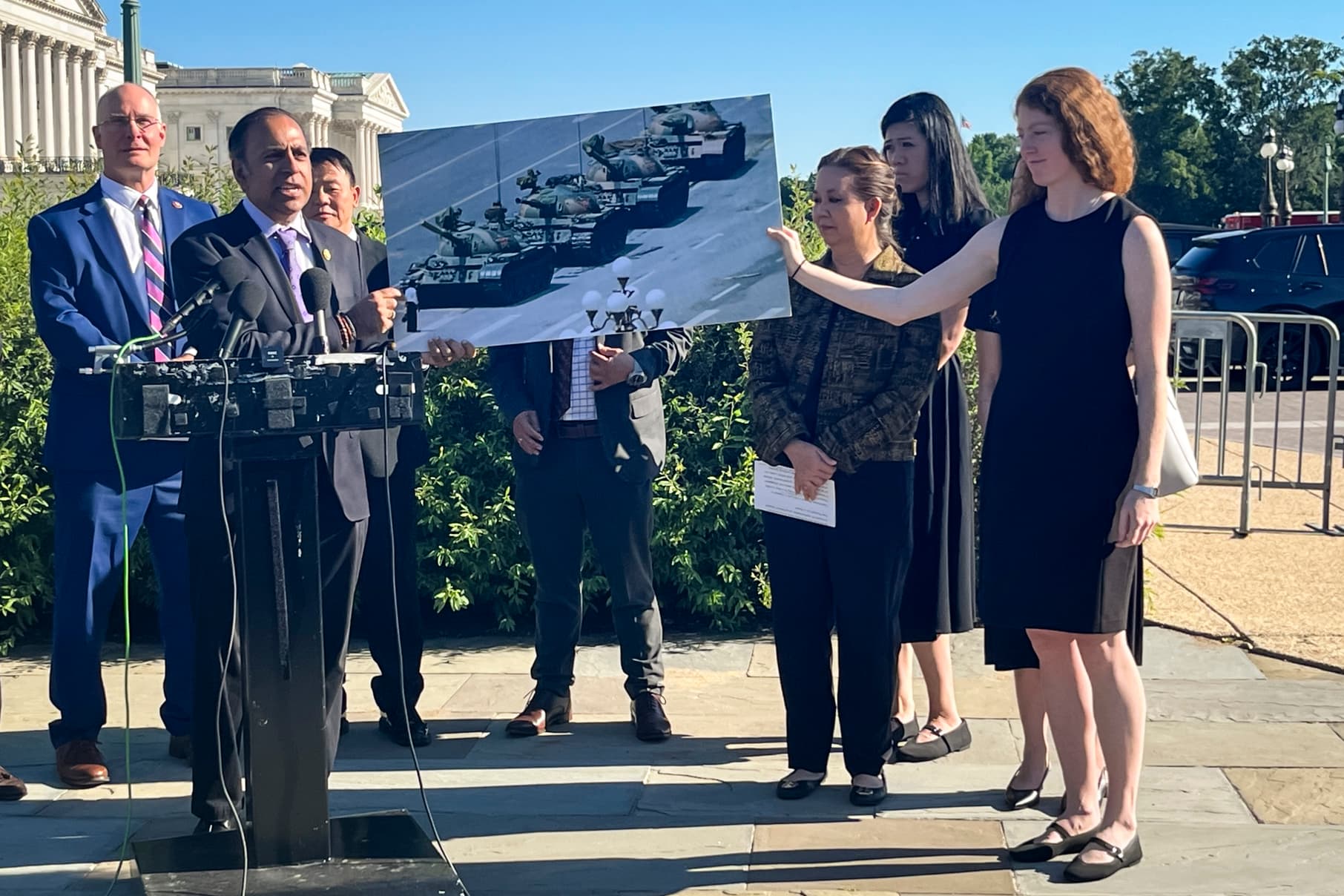 Rep. Raja Krishnamoorthi (D-Ill.) speaks at a House China Committee press conference to commemorate the victims of the Tiananmen Square Massacre at the House Triangle on Capitol Hill in Washington on June 4, 2026. (Eva Fu/The Epoch Times)