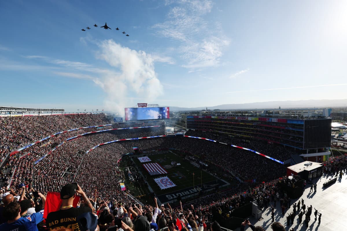 Jets fly over the stadium prior to the start of Super Bowl LX between the Seattle Seahawks and the New England Patriots at Levi's Stadium in Santa Clara, Calif., on Feb. 8, 2026. (Ishika Samant/Getty Images)