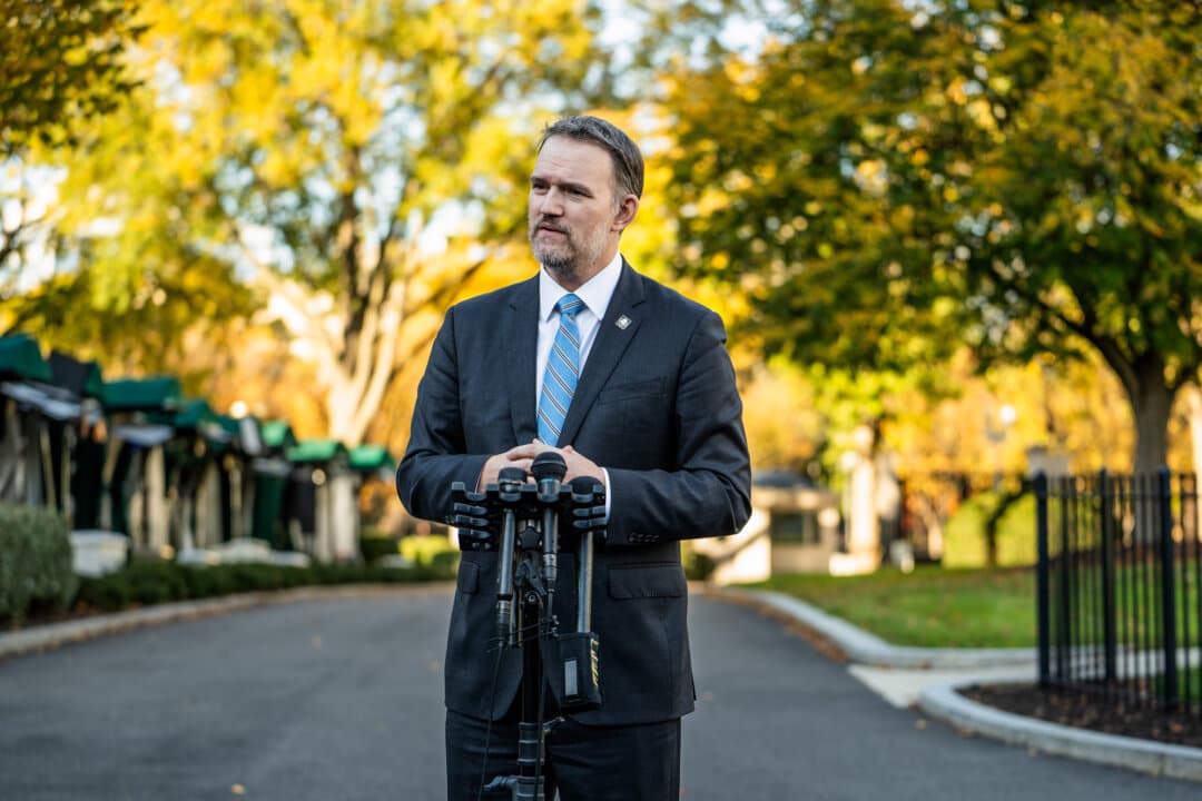 U.S. Trade Representative Jamieson Greer speaks to reporters at the White House on Oct. 30, 2025. The United States has given up expecting China to fundamentally change under the Chinese Communist Party, Greer said last month. (Madalina Kilroy/The Epoch Times)
