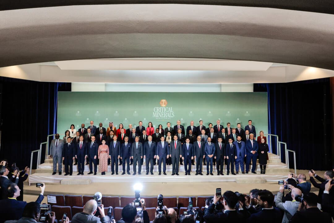 Secretary of State Marco Rubio (C) poses for a photo with 55 government officials who were invited to the first Critical Minerals Ministerial at the State Department in Washington on Feb. 4, 2026. China's rare-earth coercion has begun to backfire, spurring the United States and its allies into building alternative supply chains. (Chip Somodevilla/Getty Images)