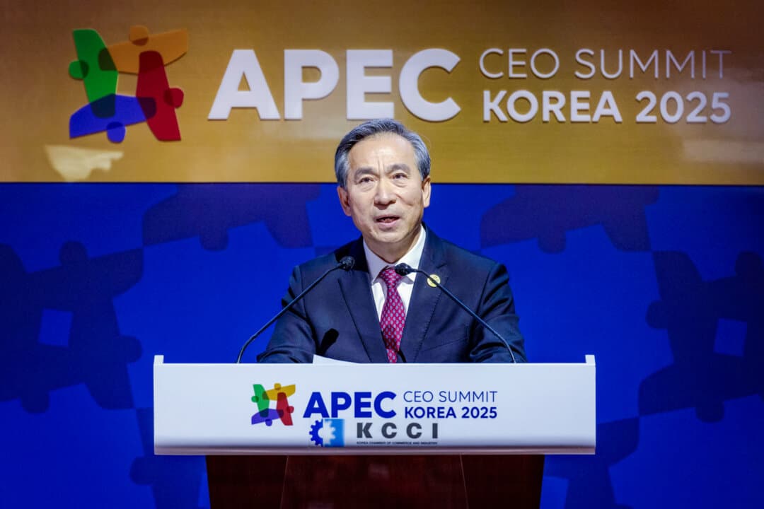 Ren Hongbin, chairman of the China Council for the Promotion of International Trade, delivers a speech to business leaders during the closing ceremony of the APEC CEO summit in Gyeongju, South Korea, on Oct. 31, 2025. U.S. imports of Chinese rare-earth magnets fell monthly from October 2025 through March 2026—even as China's global exports returned to roughly historical levels. (Ezra Acayan/Getty Images)