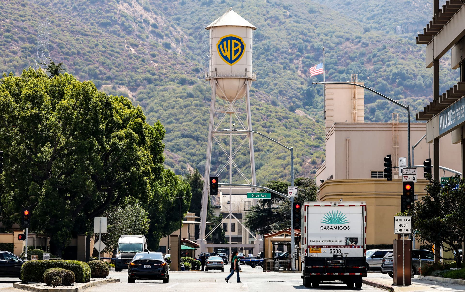 The Warner Bros. logo is displayed on a water tower at Warner Bros. Studio in Burbank, Calif., on Sept. 12, 2025. (Mario Tama/Getty Images)
