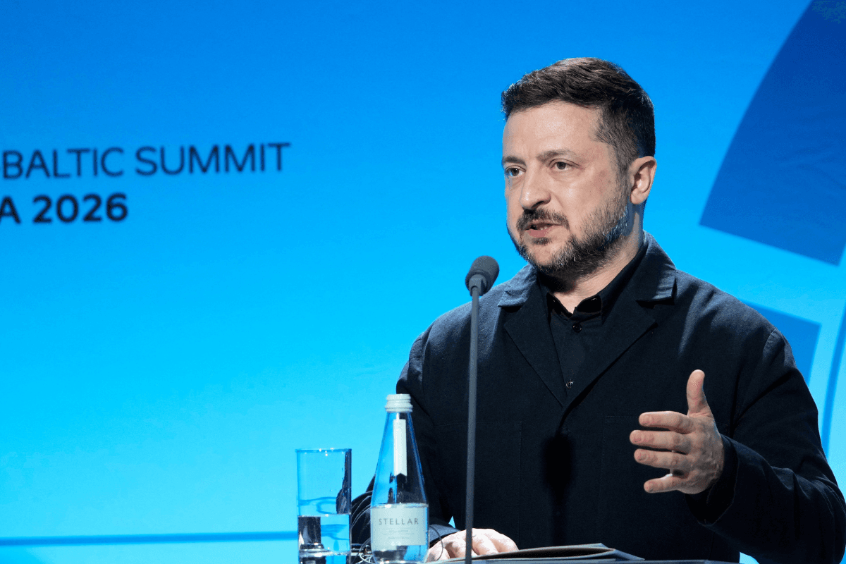 Ukrainian President Volodymyr Zelenskyy attends a news conference during the Nordic-Baltic Eight prime ministers' meeting in Tallinn, Estonia, on June 9, 2026. (Ints Kalnins/Reuters)