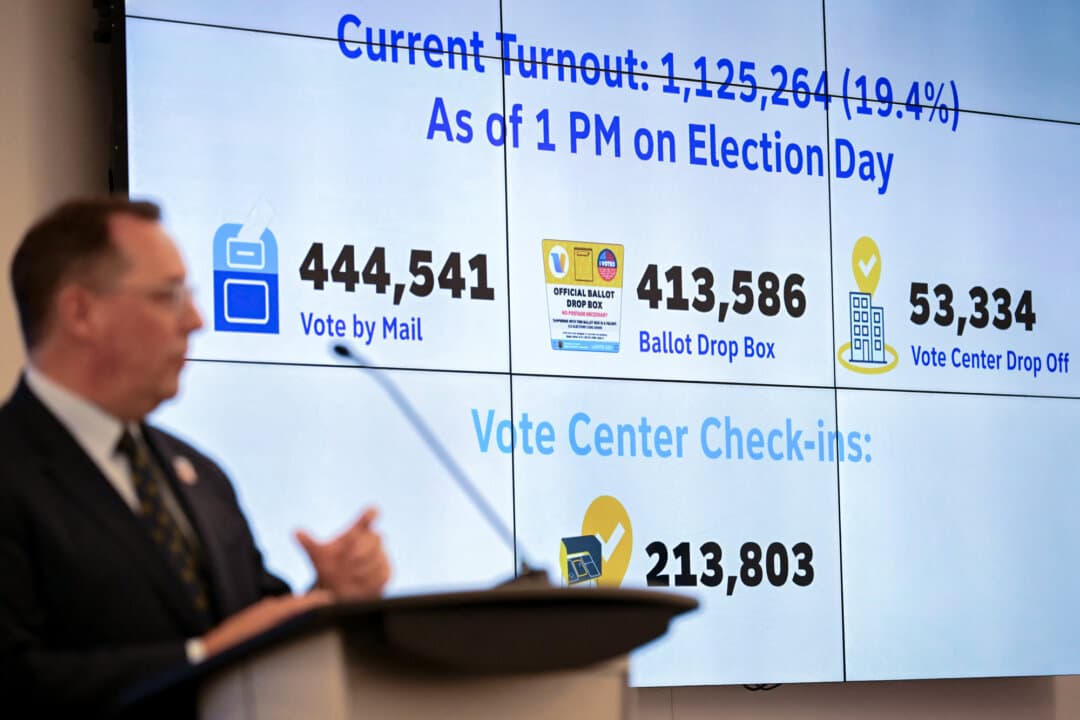 Voter turnout numbers are displayed on screen as Los Angeles County Clerk Dean C. Logan speaks during a press conference at the Los Angeles County Ballot Processing Center in the City of Industry, Calif., on June 2, 2026. (Patrick T. Fallon / AFP via Getty Images)