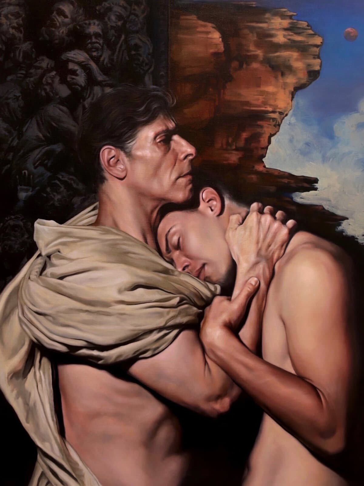 “Of Fathers and Sons,” 2024, by Kathryn Dennison. Oil on linen; 40 inches by 30 inches. Recipient of a Chairman’s Choice Award at the 17th International ARC Salon. (Courtesy of the 17th/18th International ARC Salon)