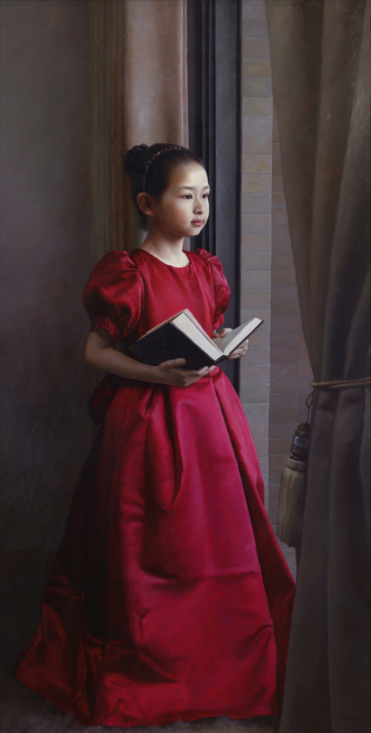 “Fragrance of Books <span style="color: #ff0000;"><span style="color: #333333;">II</span>,<span style="color: #333333;">”</span></span> 2025, by Jianwei Wu. Oil on canvas; 62 3/4 inches by 31 1/4 inches. Recipient of the Fashion Week San Diego (FWSD) Award and Third Place Portraiture Award at the 18th International ARC Salon. (Courtesy of the 17th/18th International ARC Salon)
