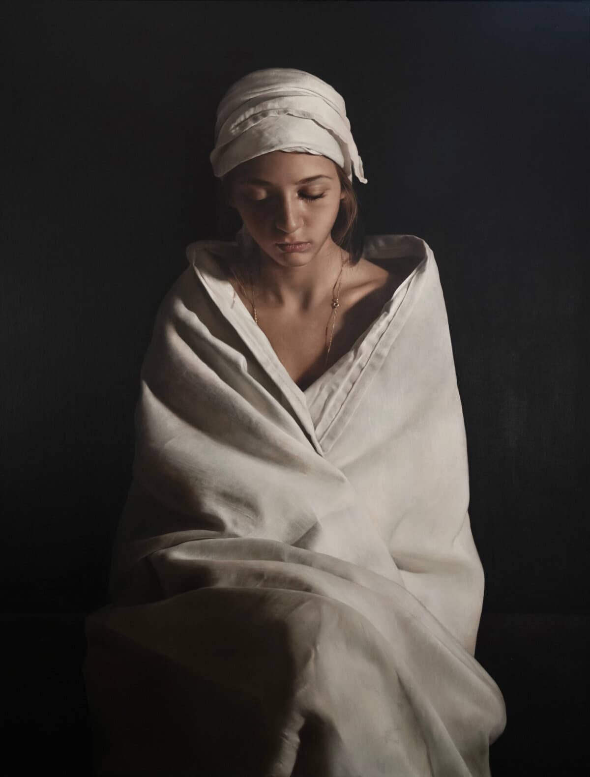 “Madone En Blanc,” 2024, by Anne-Christine Roda. Oil on canvas; 45 1/2 inches by 35 inches. Recipient of the Second Place Portraiture Award at the 17th International ARC Salon. (Courtesy of the 17th/18th International ARC Salon)