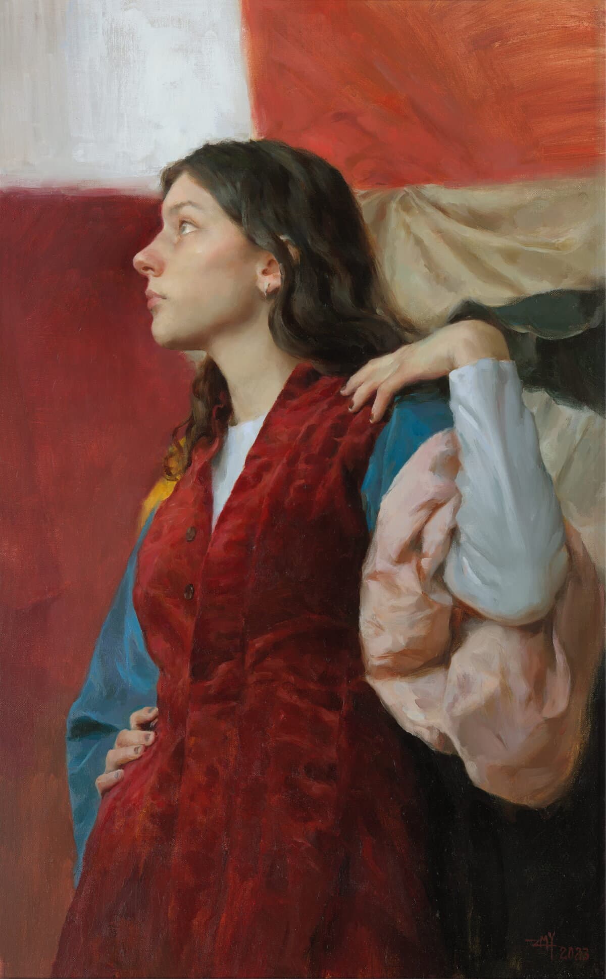 “The Girl in the Red Velvet Clothes,” 2023, by Mingyang Zhang. Oil on canvas; 31 1/2 inches by 19 1/2 inches. Recipient of The Artist Award and Third Place Portraiture Award at the 17th International ARC Salon. (Courtesy of the 17th/18th International ARC Salon)