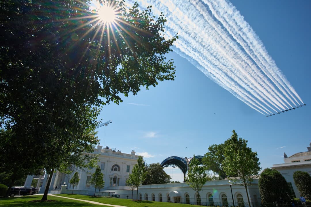 Thunderbirds and Blue Angels conduct a practice flyover of the White House, Octagon, and Washington Monument in Washington, ahead of the UFC fight on June 12, 2026. (Jacquelyn Martin/AP Photo)