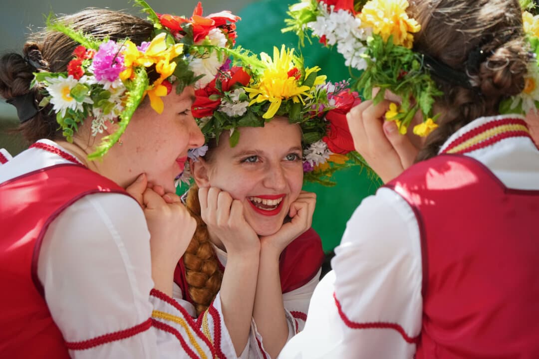 Young actors of a folklore ensemble dance during the celebration of the Day of Russia, in St. Petersburg, Russia, on June 12, 2026. (Dmitri Lovetsky/AP Photo)