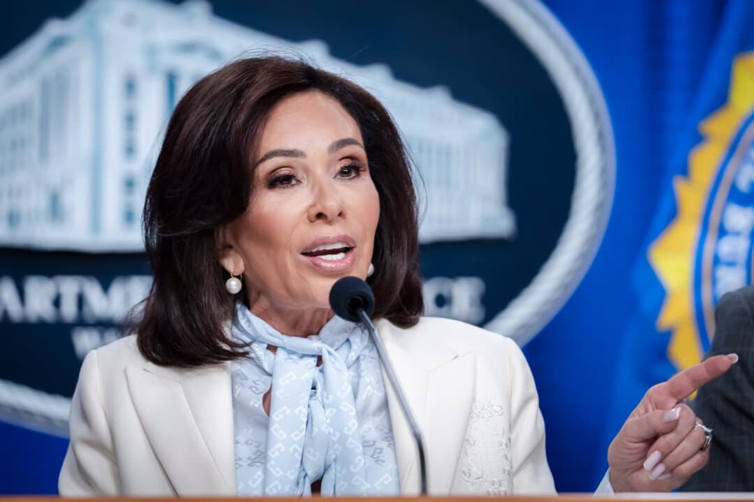 U.S. Attorney for the District of Columbia Jeanine Pirro speaks during a press conference at the Justice Department in Washington on April 27, 2026. Pirro warned on May 15 that parents could be held liable for their children’s actions during teen takeovers. (Madalina Kilroy/The Epoch Times)