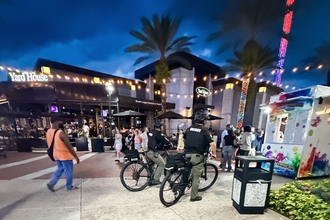 Sheriff’s deputies patrol Icon Park, weeks after a chaotic “teen takeover,” in Orlando on May 9, 2026. Authorities said they were taking preventive measures to avoid another unlawful gathering at the amusement park. (Troy Myers/The Epoch Times)