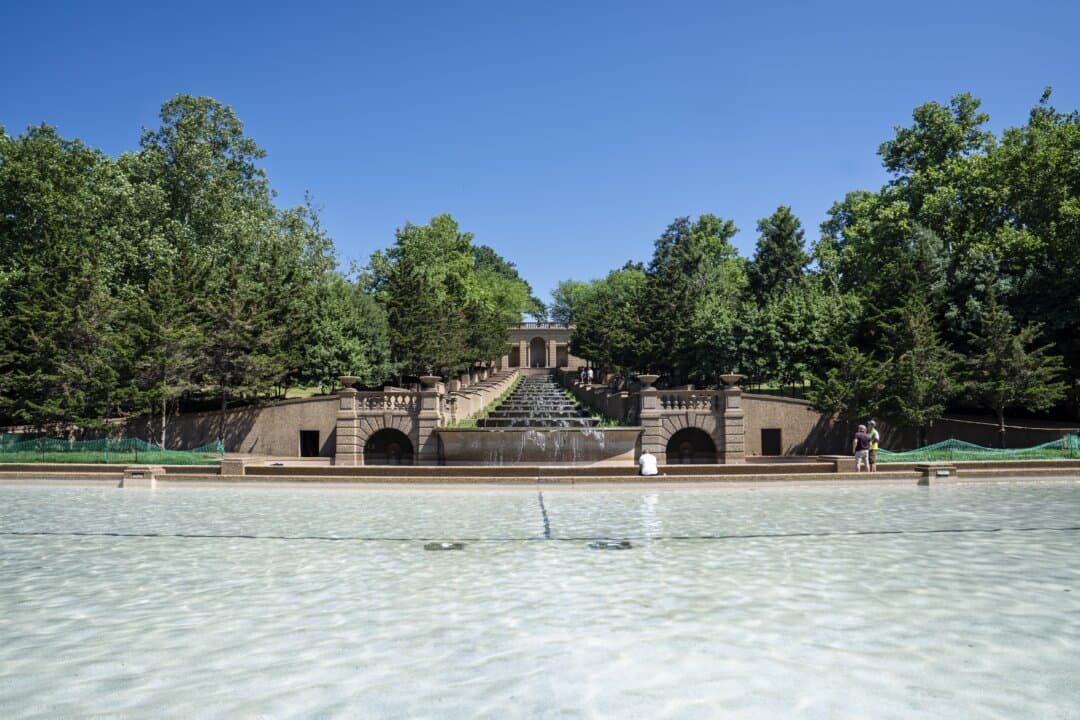 The 13-basin cascading fountain at Meridian Hill Park, also known as Malcolm X Park, in Washington, on June 12, 2026. The fountain was defunct for seven years before it was repaired and officially reopened in May in response to an executive order issued by President Donald Trump. (Madalina Kilroy/The Epoch Times)