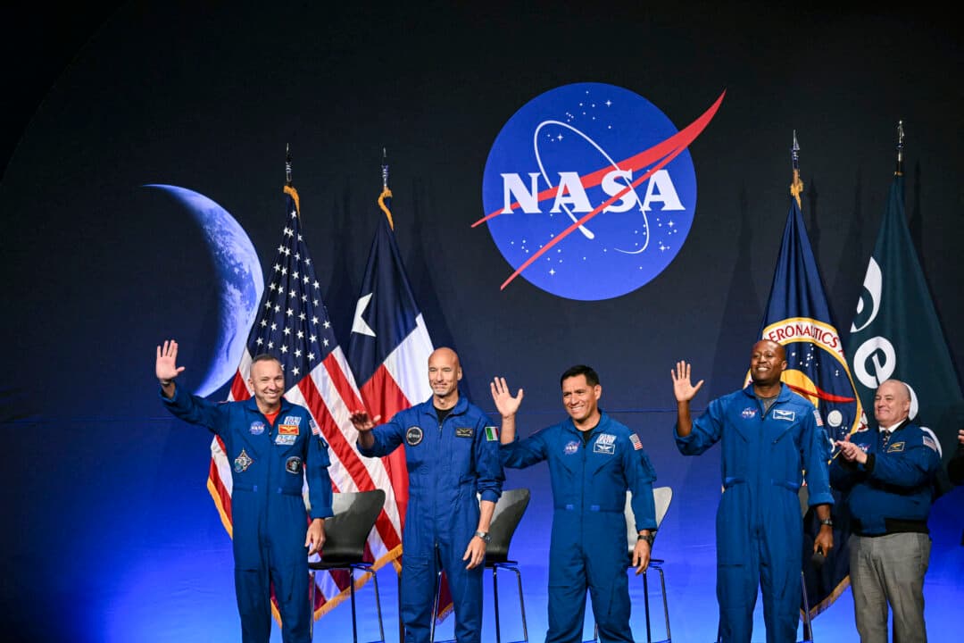 (L–R) NASA astronaut commander Randy Bresnik, European Space Agency, astronaut pilot Luca Parmitano, NASA astronaut mission specialist Frank Rubio, and NASA astronaut mission specialist Andre Douglas speak during a press conference announcing the crew for the Artemis III mission at NASA's Johnson Space Center in Houston, on June 9, 2026. The Italian Luca Parmitano will be the pilot of NASA's Artemis 3 voyage, the first European to join one of the program's missions. (Ronaldo Schemidt / AFP via Getty Images)