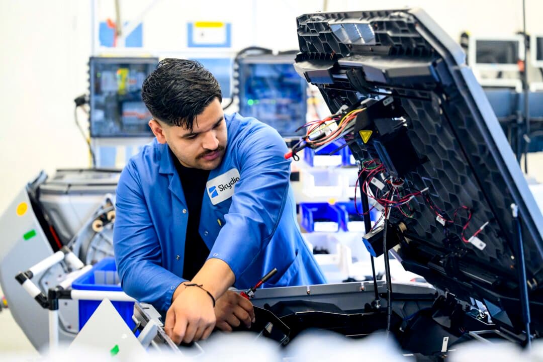 A Skydio employee works on drone production at the company's manufacturing facility in Hayward, Calif., on June 12, 2026. (Josh Edelson / AFP via Getty Images)