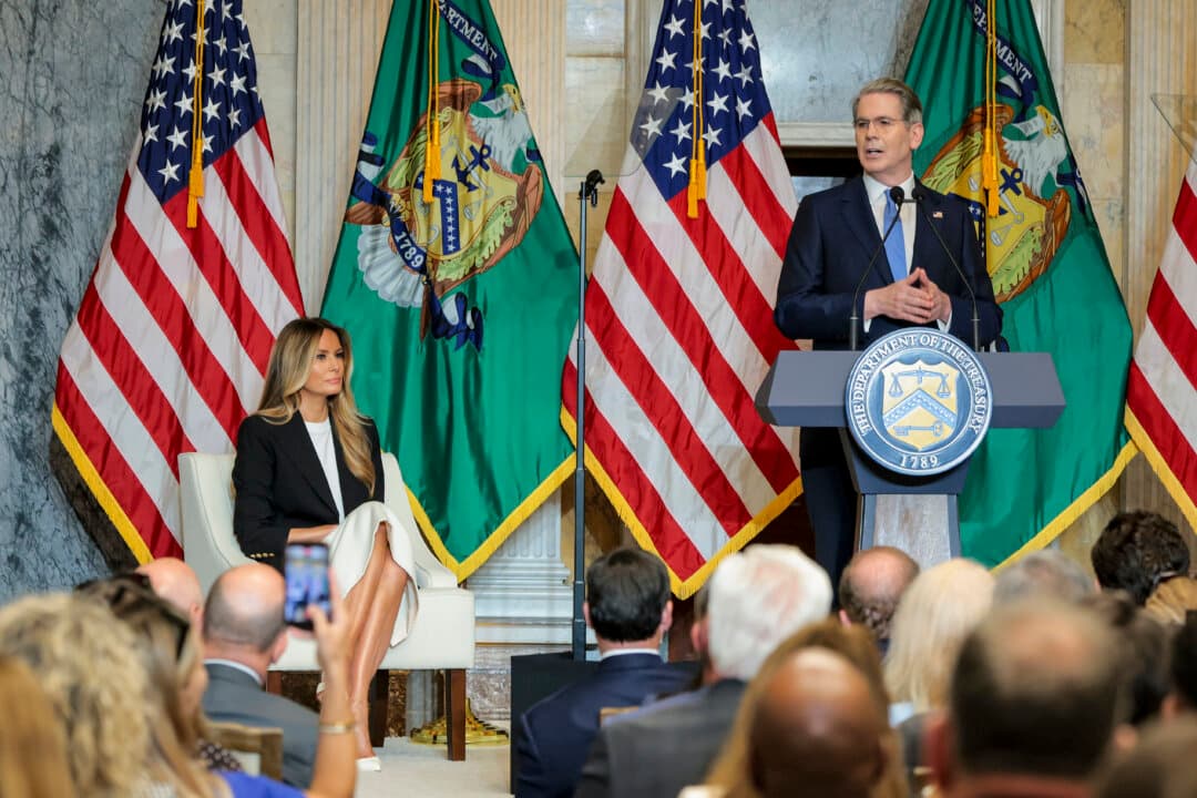 Treasury Secretary Scott Bessent speaks alongside First Lady Melania Trump during an event at the Treasury Department in Washington, on June 11, 2026. The first lady’s office held the event to announce the launch of “Fostering the Future Accounts.” (Anna Moneymaker/Getty Images)