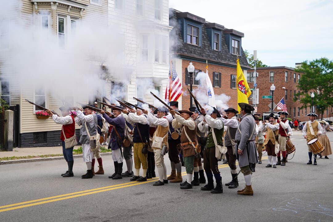 Boston holds a parade to commemorate the 251st anniversary of the Battle of Bunker Hill, near Bunker Hill Monument in Boston, on June 14, 2026. (Learner Liu/The Epoch Times)