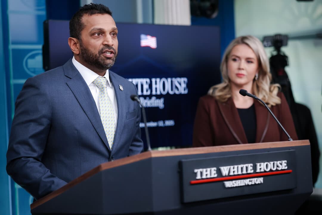 FBI Director Kash Patel (L) speaks as White House press secretary Karoline Leavitt looks on during the daily press briefing at the White House on Nov. 12, 2025. Patel spoke about a recent meeting he attended in Beijing regarding fentanyl production and distribution. (Win McNamee/Getty Images)