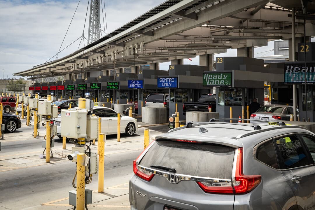 Vehicles pass through the San Ysidro Port of Entry from Mexico into San Diego on May 26, 2026. (John Fredricks/The Epoch Times)