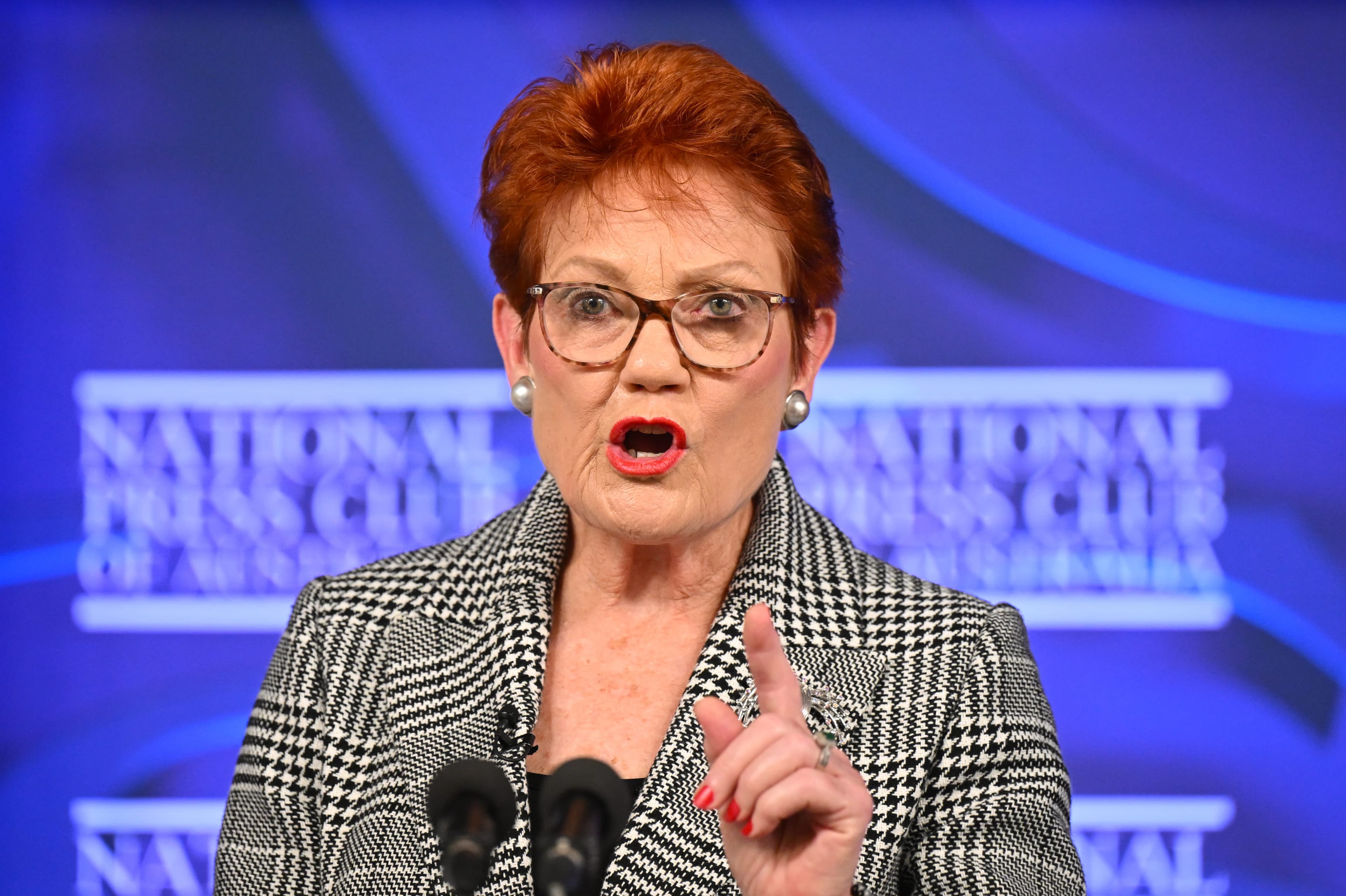 Conservative-leaning One Nation leader Pauline Hanson addresses the National Press Club in Canberra, Australia on June 17, 2026. (AAP Image/Lukas Coch)