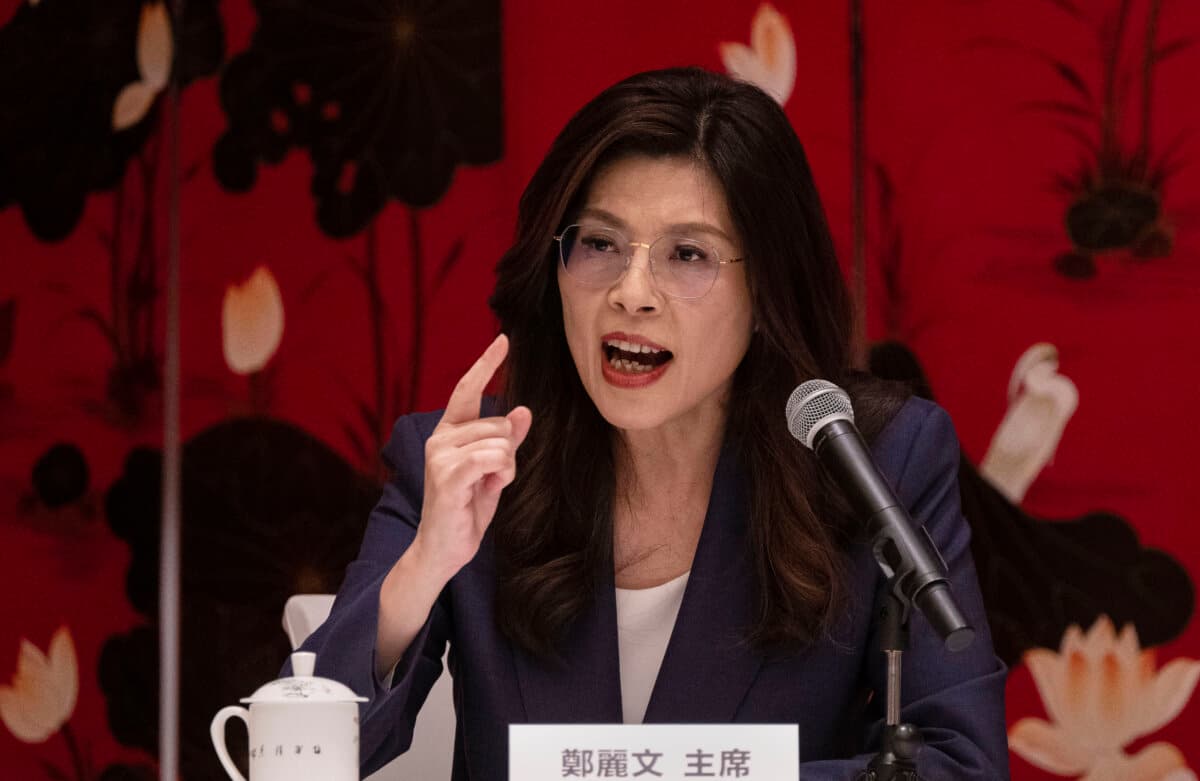 Taiwan opposition party leader Cheng Li-wun of the Kuomintang (KMT) gestures as she speaks at a press conference in Beijing, China, on April 10, 2026. (Kevin Frayer/Getty Images)