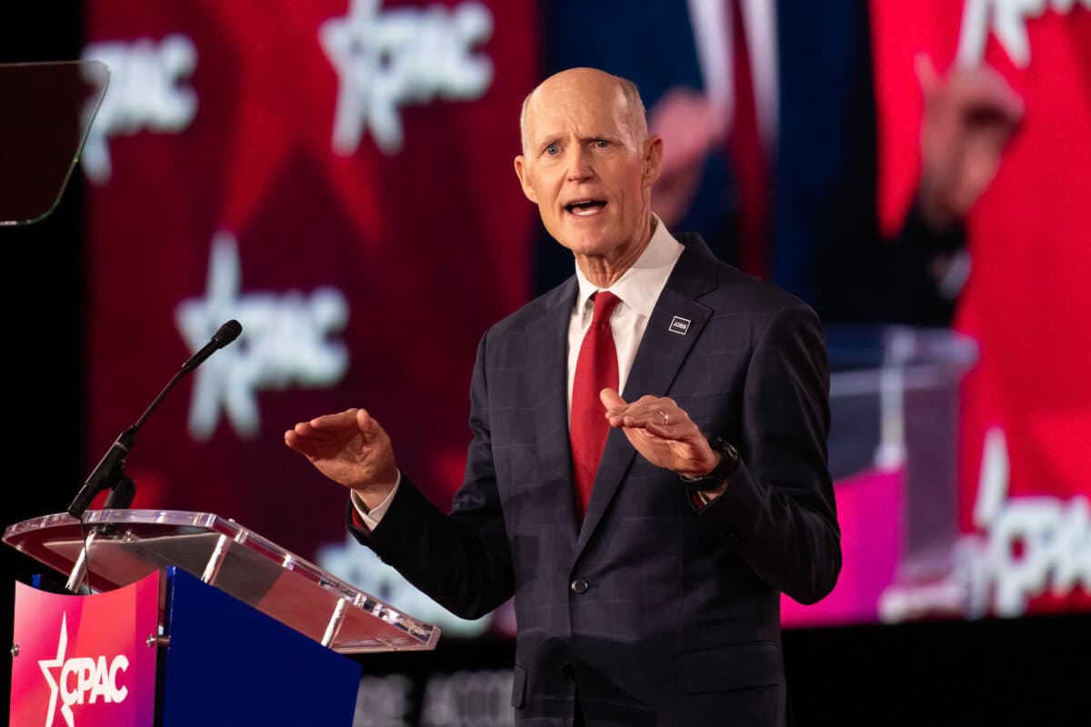 Sen. Rick Scott (R-Fla.) speaks during the Conservative Political Action Conference in Grapevine, Texas, on March 28, 2026. (Leandro Lozada/AFP via Getty Images)