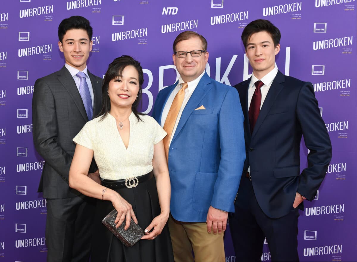 Shen Yun dancers Lucas (L) and Jesse Browde (R) and their parents attend the Los Angeles premiere of documentary "UNBROKEN: The Untold Story of Shen Yun" at AMC The Grove 14 in Los Angeles on June 17, 2026. (Courtesy of Amy Graves for UNBROKEN)
