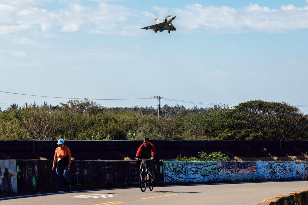 A Taiwan Air Force Mirage 2000 fighter jet takes off at Hsinchu Air Base in Hsinchu on Dec. 29, 2025. Safeguarding the island’s security is essential to “put our money where our mouth is,” Taiwan's Vice President Hsiao Bi-khim said. (Cheng Yu-chen / AFP via Getty Images)