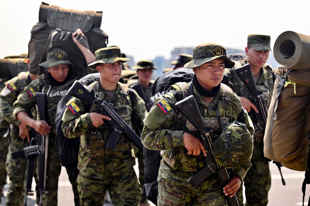 Indigenous soldiers from Ecuador's elite IWIAS unit arrive at Simon Bolivar Air Base in Guayaquil, Ecuador, on June 19, 2026, amid a state of emergency declared in 10 provinces. Ecuador's President Daniel Noboa declared a new state of emergency on June 17 in 10 of the country's 24 provinces amid a surge in violence by drug trafficking groups. (Marcos Pin/AFP via Getty Images)