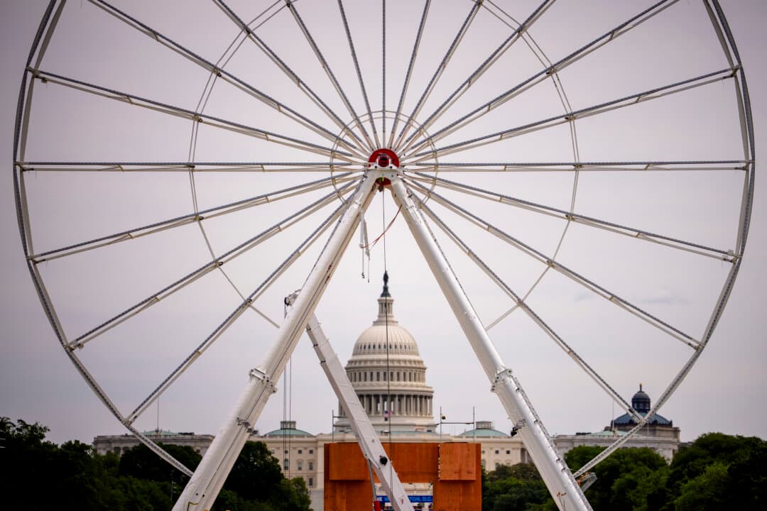 The dome of the U.S. Capitol is visible as a Ferris wheel is constructed as part of Freedom 250's Great American State Fair on the National Mall in Washington on June 19, 2026. The 16-day World's Fair-scale celebration of America's 250th birthday will run from June 25 to July 10, 2026, showcasing all U.S. states and territories. (Andrew Harnik/Getty Images)